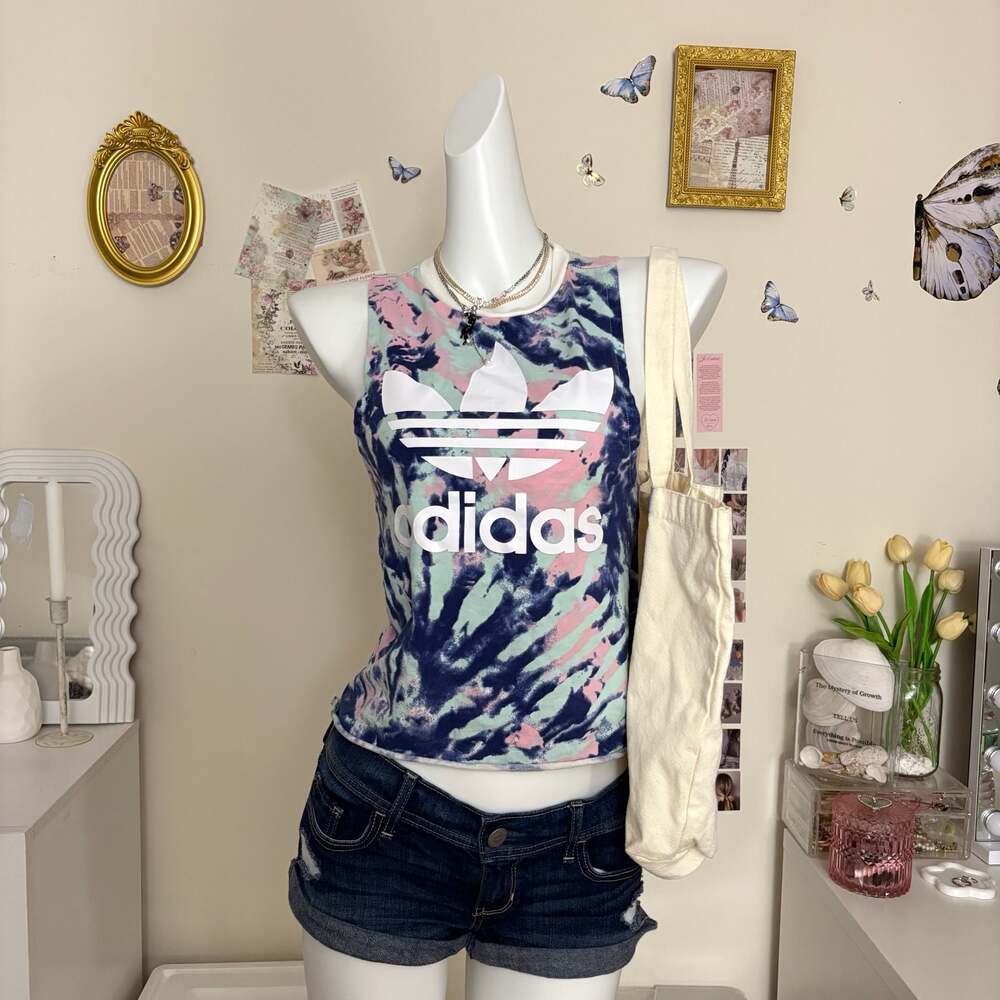 Adidas Tie Dye Pink Blue Logo Cropped Tank Top Y2K Skate Streetwear 90s Size XS